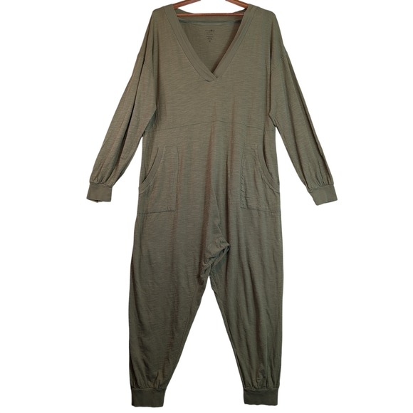 NATURAL LIFE Pants - Natural Life Womens Olive Green 100% Cotton V-Neck Long Sleeve Jumpsuit Medium
